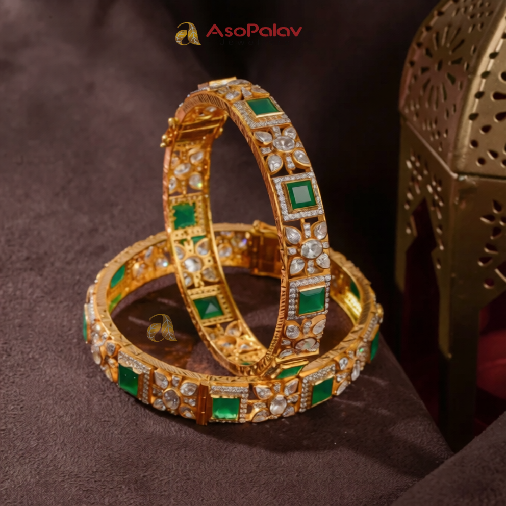 22K Gold Emerald Designer Bangles with Multicolor Gemstones